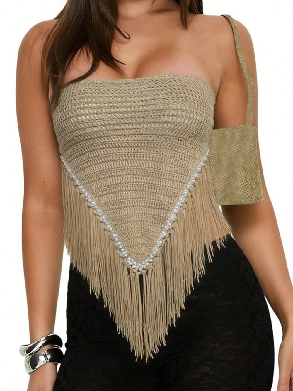 Gold Boho Sequin Fringe Knitted Women's Tube Top - Picture 3 of 6